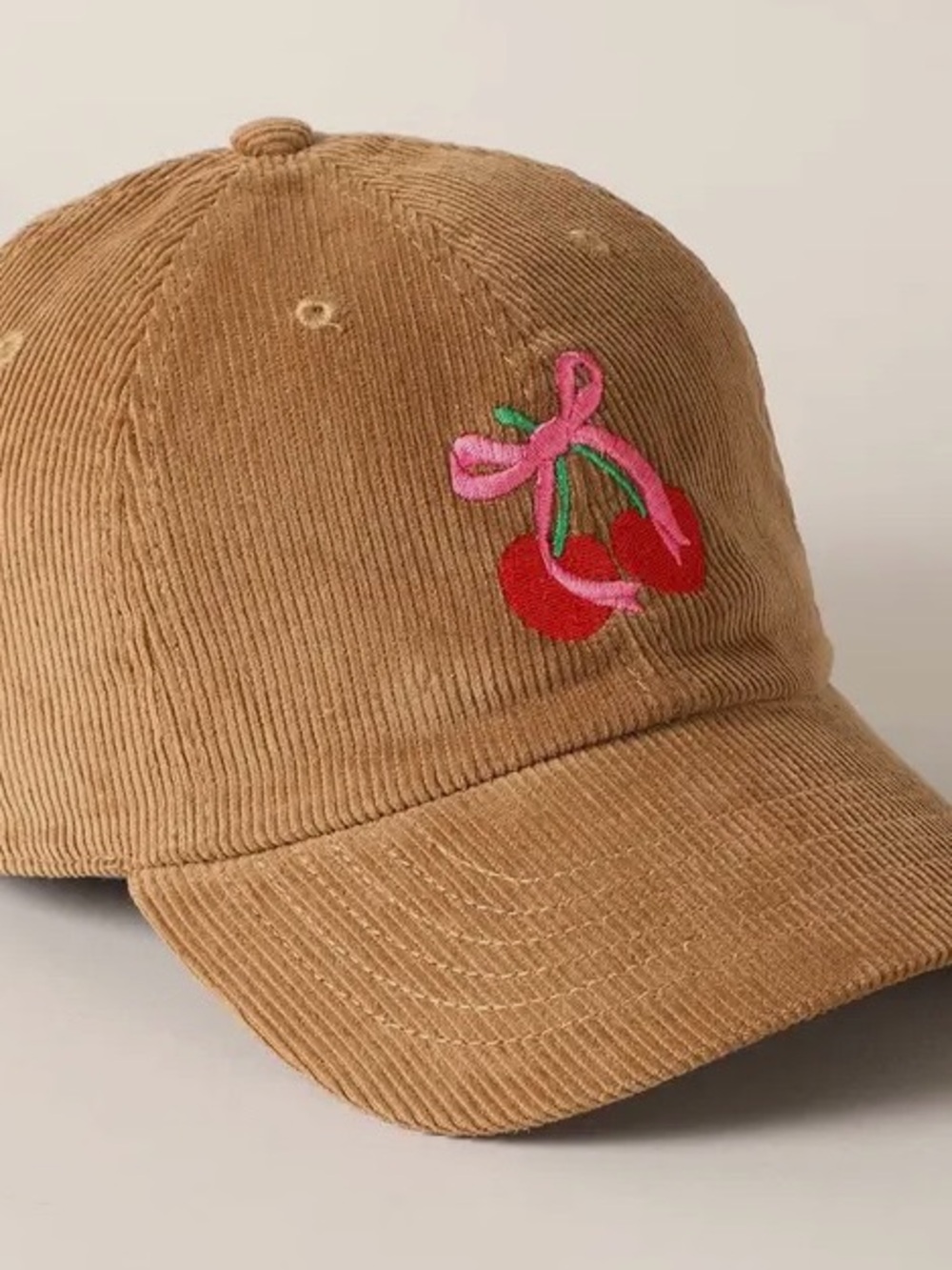 Corduroy Cherry Bow Embroidered Baseball Hat- Brown